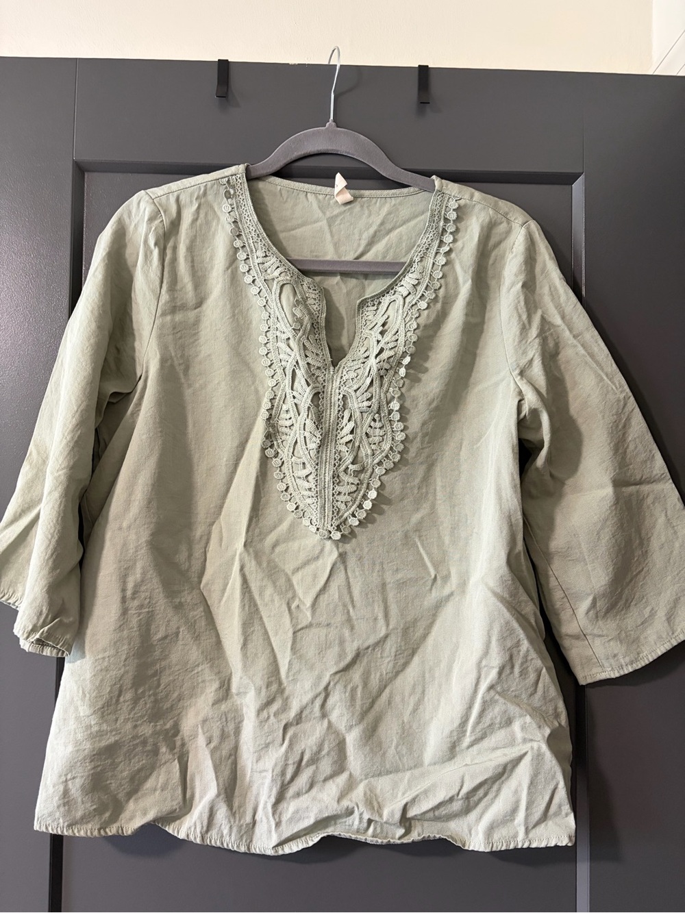 Evaless Sage Green Crochet Trim V-Neck Tunic Top